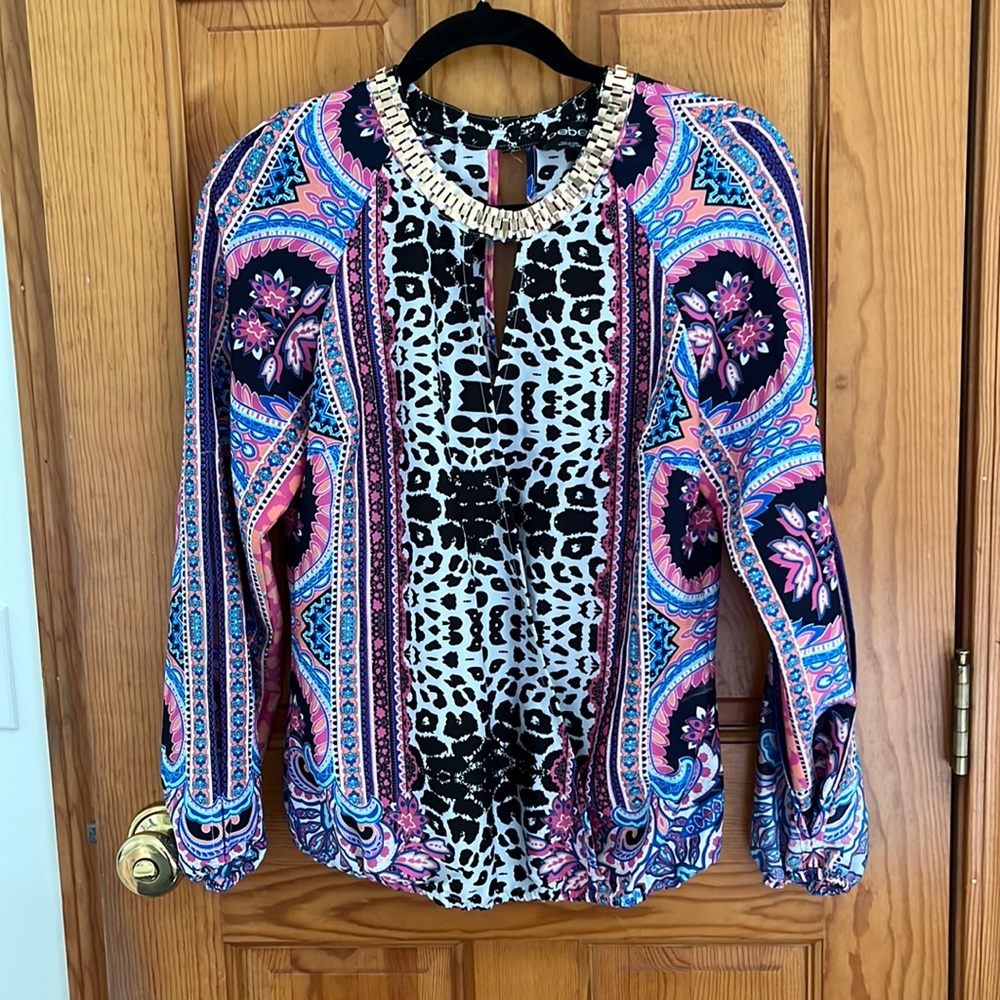 Bebe mixed print long sleeve blouse size S